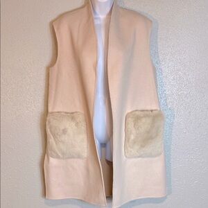 Elie Tahari Open Front Cream and Pink Long Vest with Modern Lapel Design